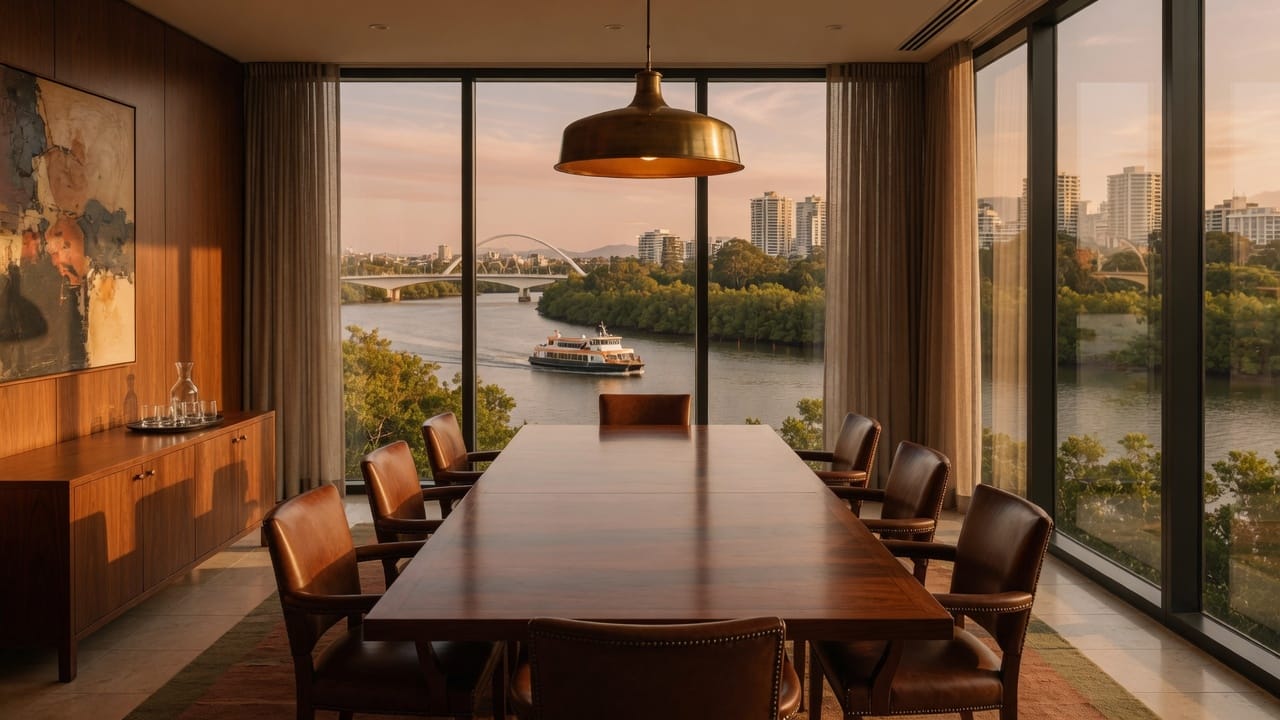 Committee room looking over a subtropical river at late light