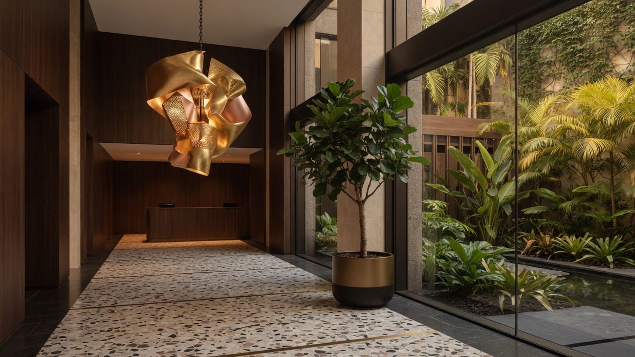 Foyer looking onto a planted courtyard