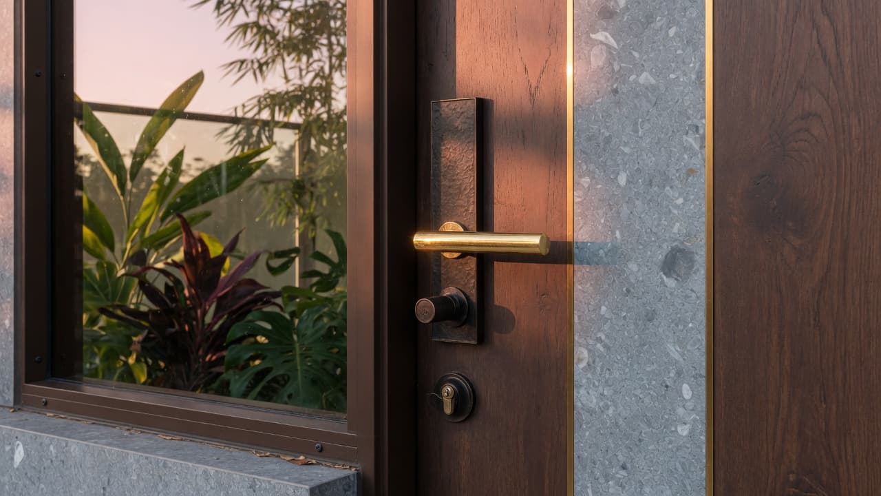 Bronze and gold hardware on a timber door. Lead image for “Preventative Maintenance for Apartment Buildings”. Atmospheric photography, not a named building.