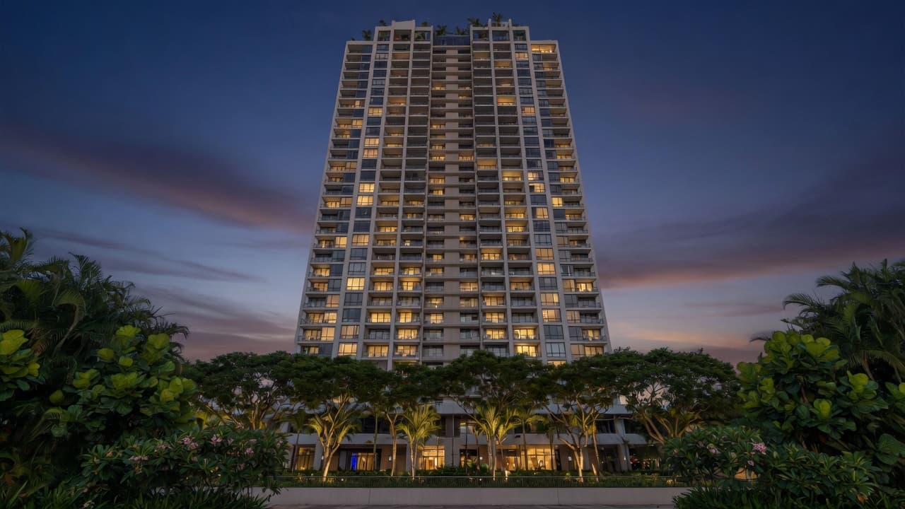 Residential tower with warm windows at dusk
