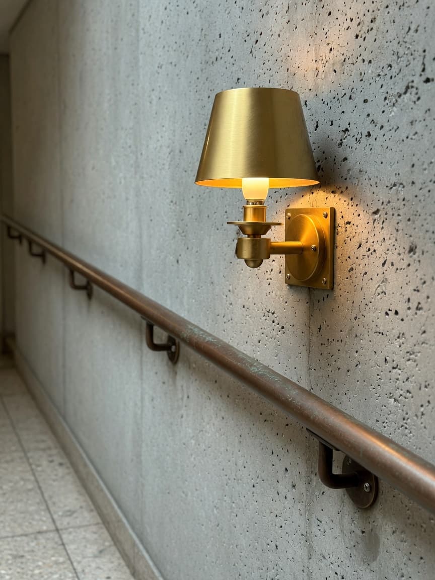 Concrete corridor detail with a gold wall light